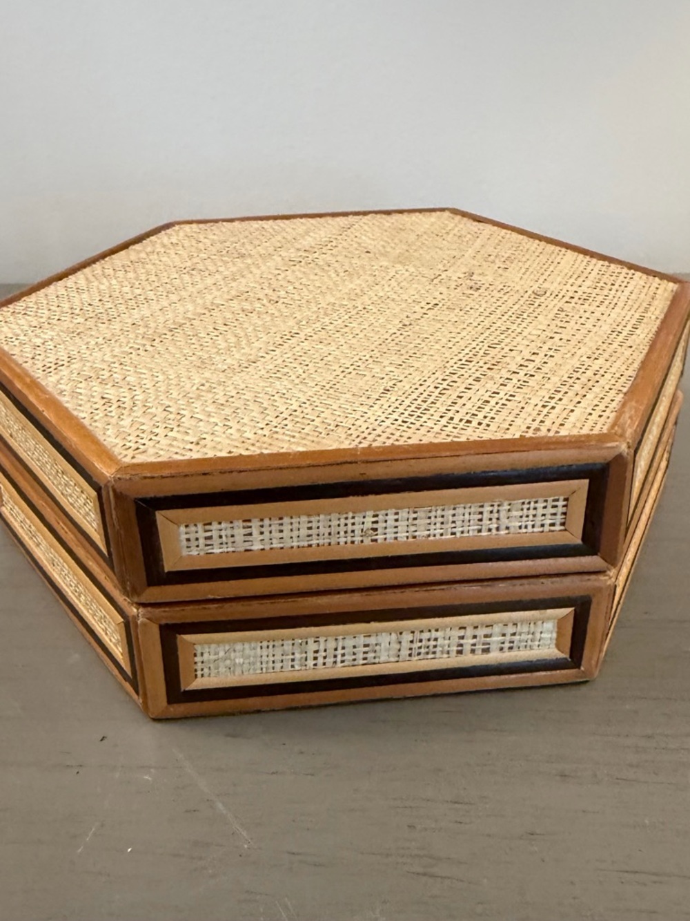 Vintage Rattan Trinket Box Woven Bamboo Hexagonal Handmade Asian Jewelry Case
